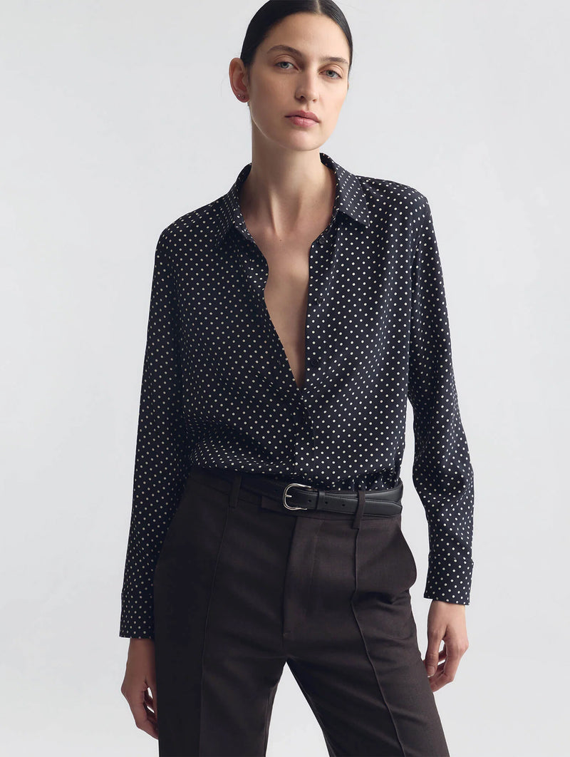 Gaia Silk Shirt in Obsidian / Ivory Polka Dot