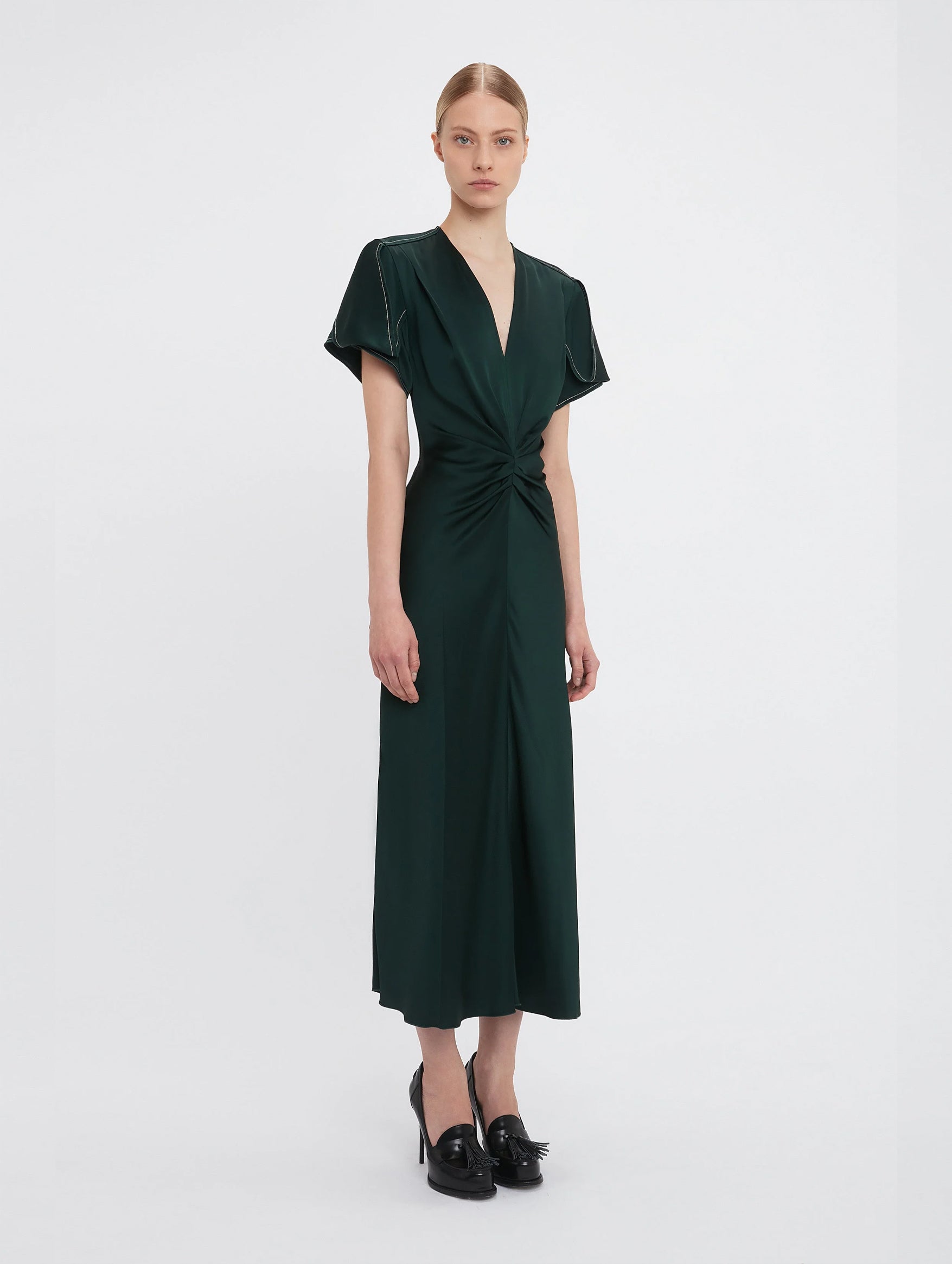 Gathered V-Neck Midi Dress In Seaweed