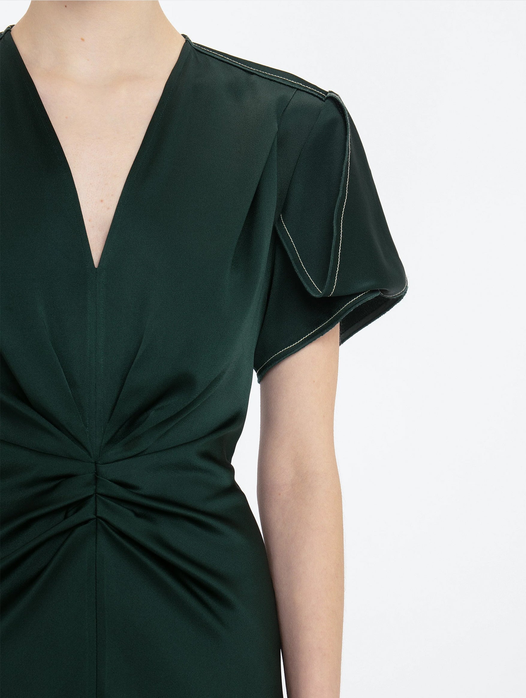 Gathered V-Neck Midi Dress In Seaweed