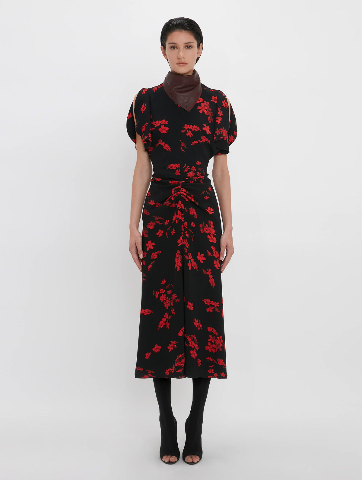 Gathered Waist Midi Dress in Sci-fi Floral Black