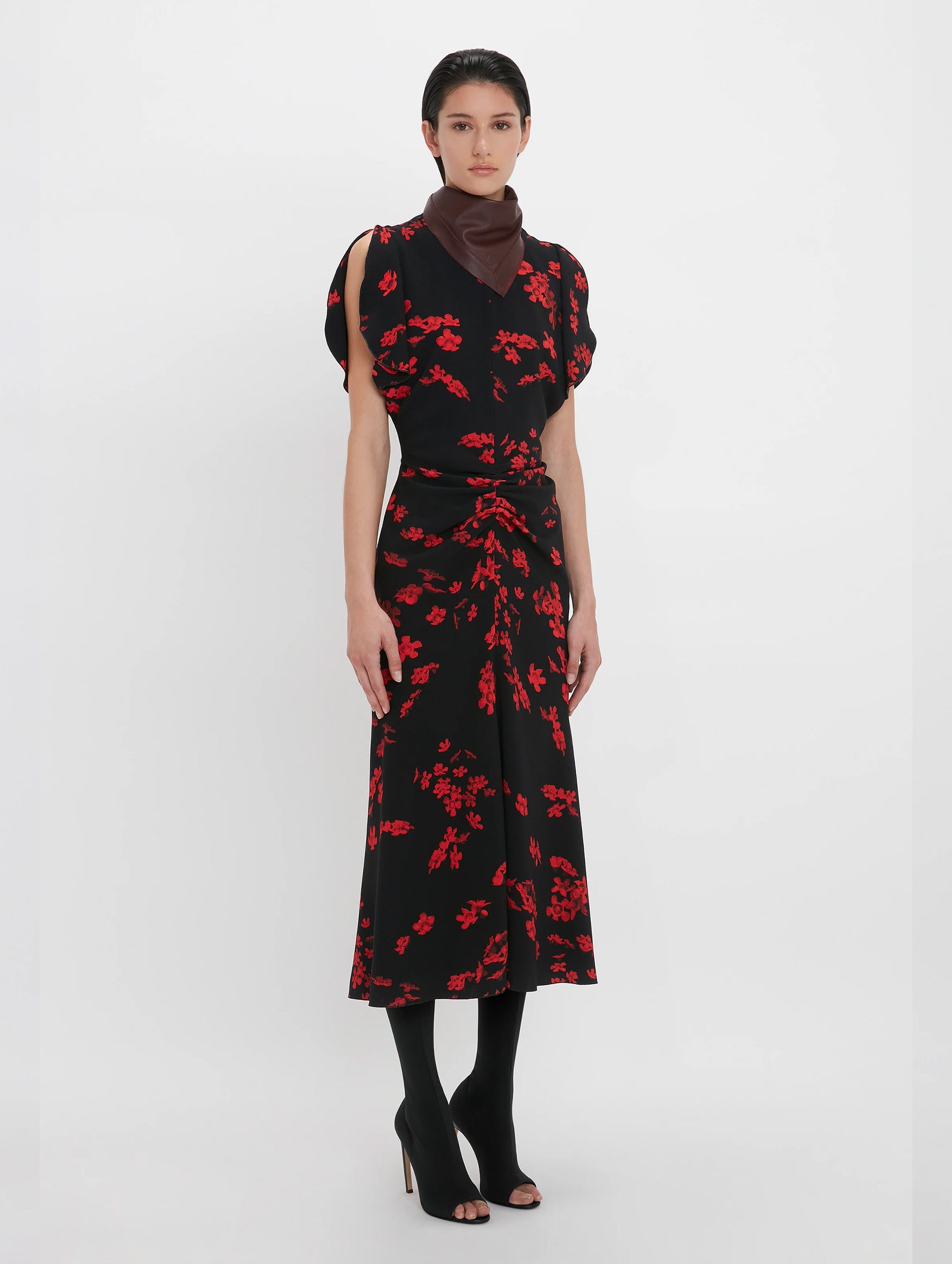 Gathered Waist Midi Dress in Sci-fi Floral Black