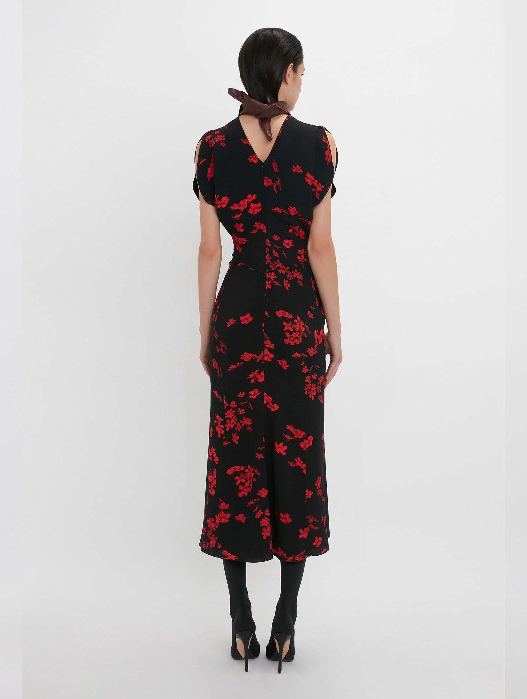 Gathered Waist Midi Dress in Sci-fi Floral Black