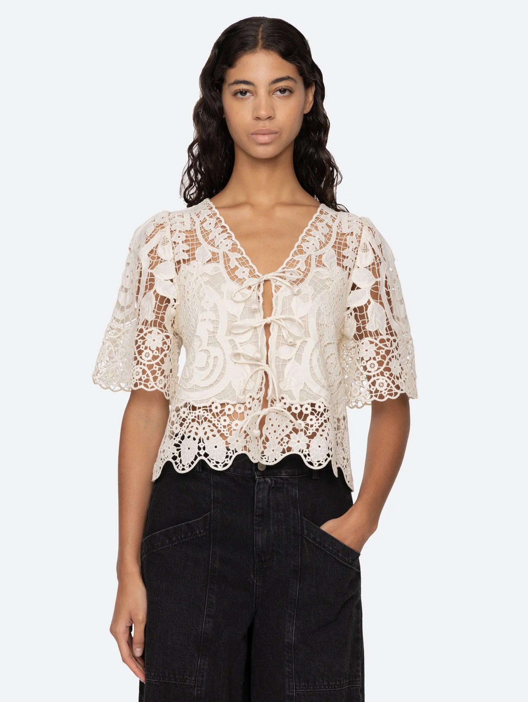 Gianna Lace Tie Front Top in Bone