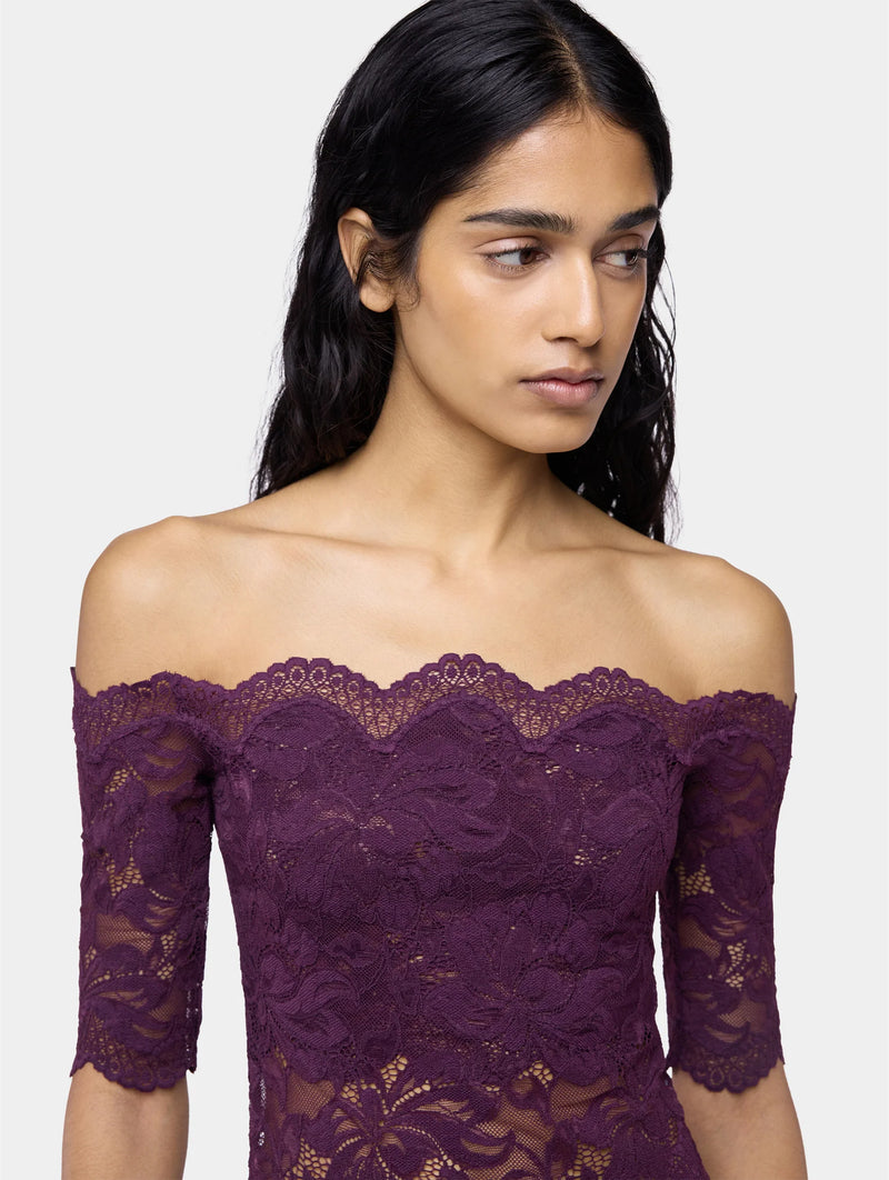 Off Shoulder Top in Magenta Layered Lace