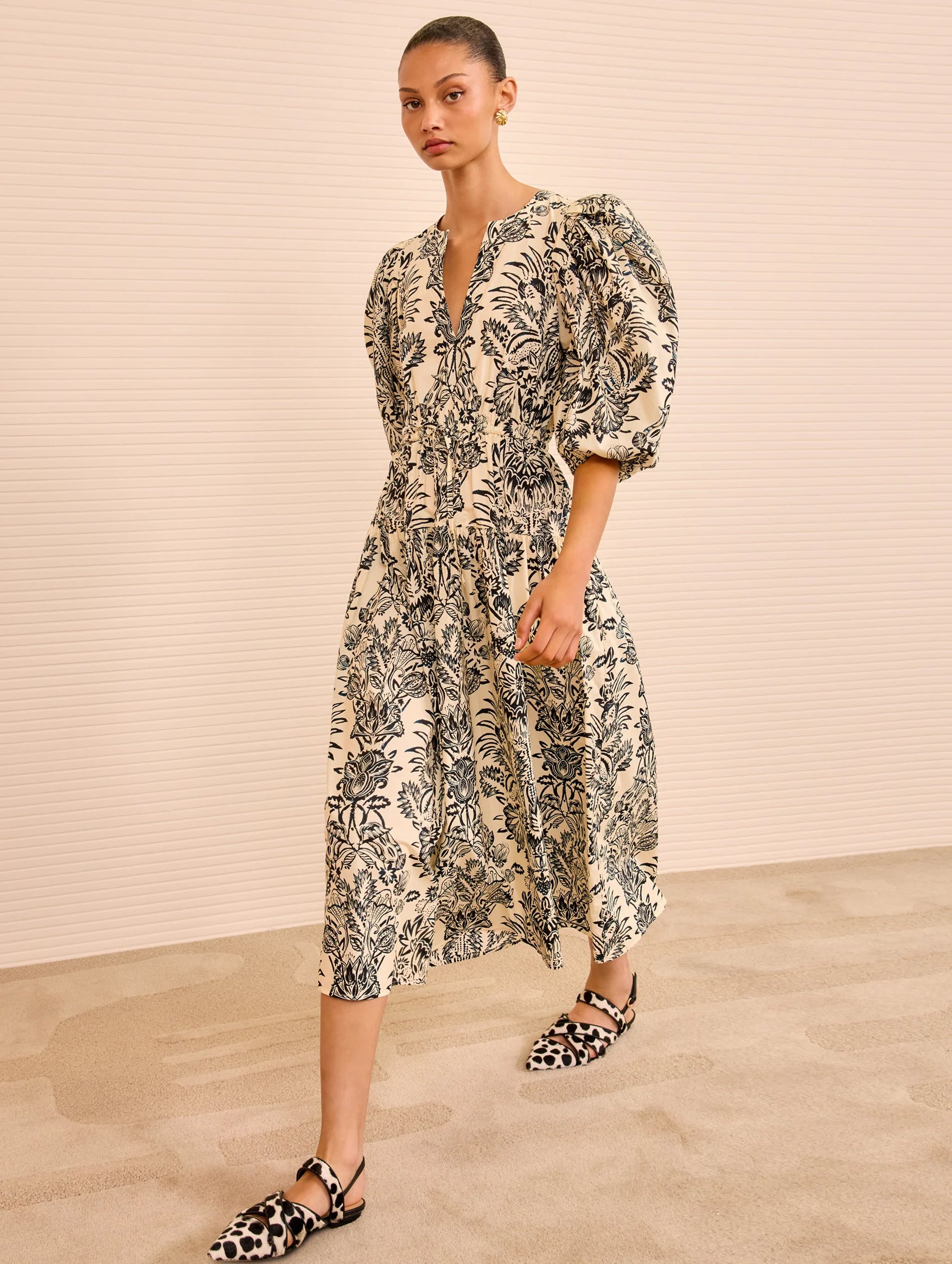 Harriet Puff Sleeve Midi Dress in Ivory Flora