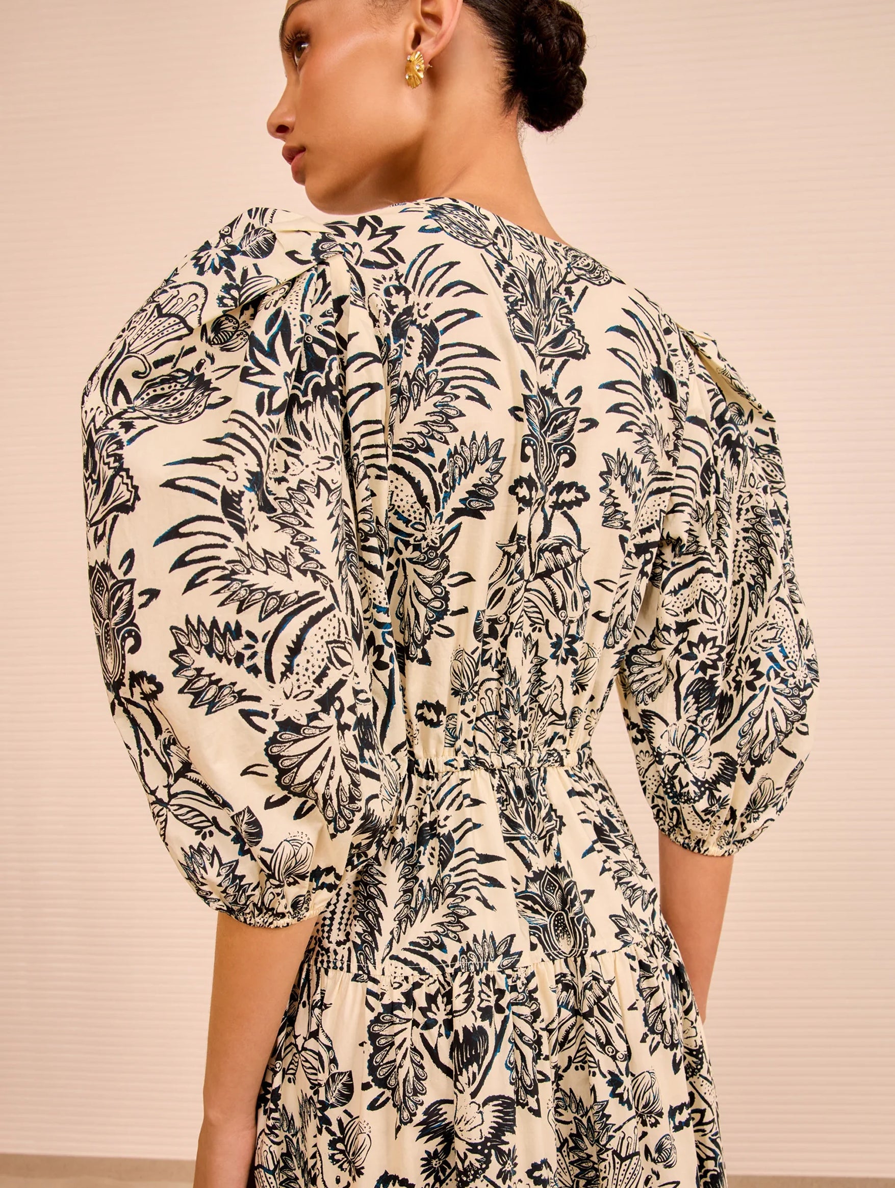 Harriet Puff Sleeve Midi Dress in Ivory Flora