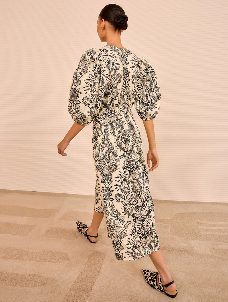 Harriet Puff Sleeve Midi Dress in Ivory Flora