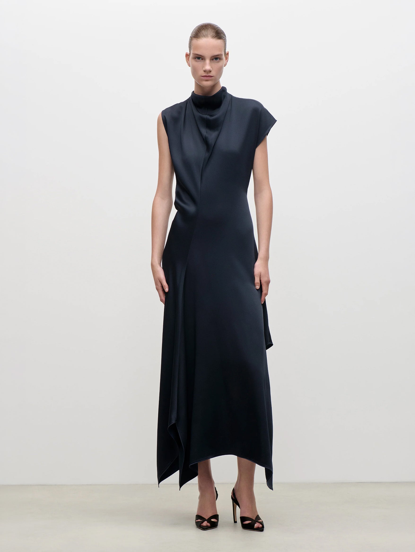 High Neck Draped Midi Dress in Midnight