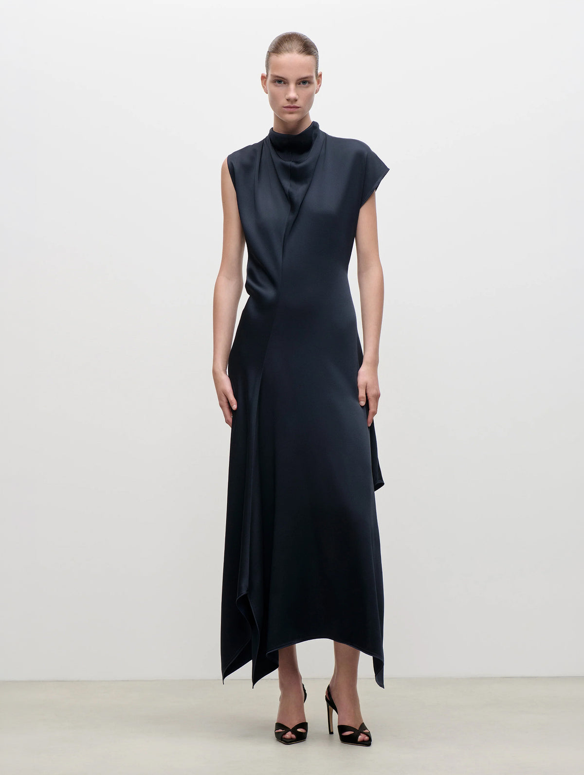 High Neck Draped Midi Dress in Midnight