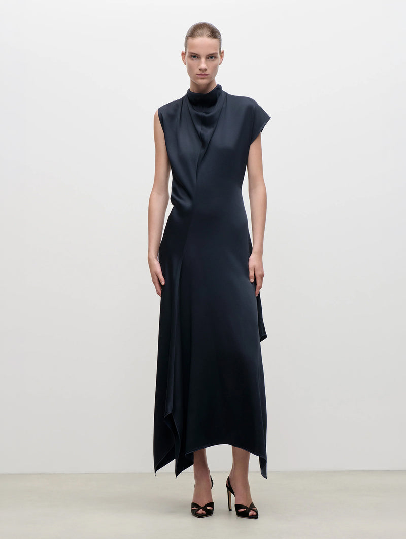 High Neck Draped Midi Dress in Midnight