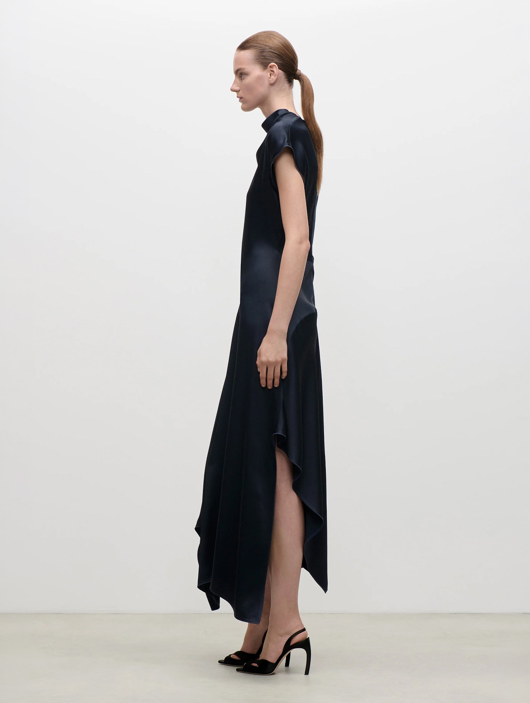 High Neck Draped Midi Dress in Midnight