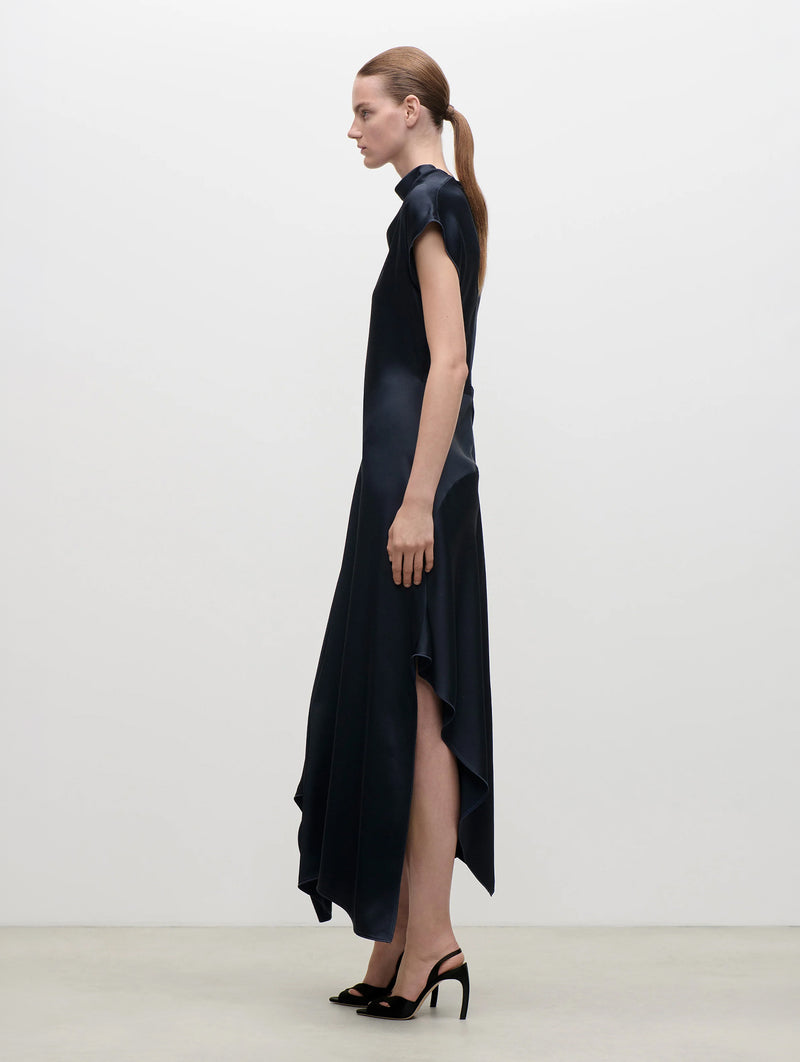 High Neck Draped Midi Dress in Midnight