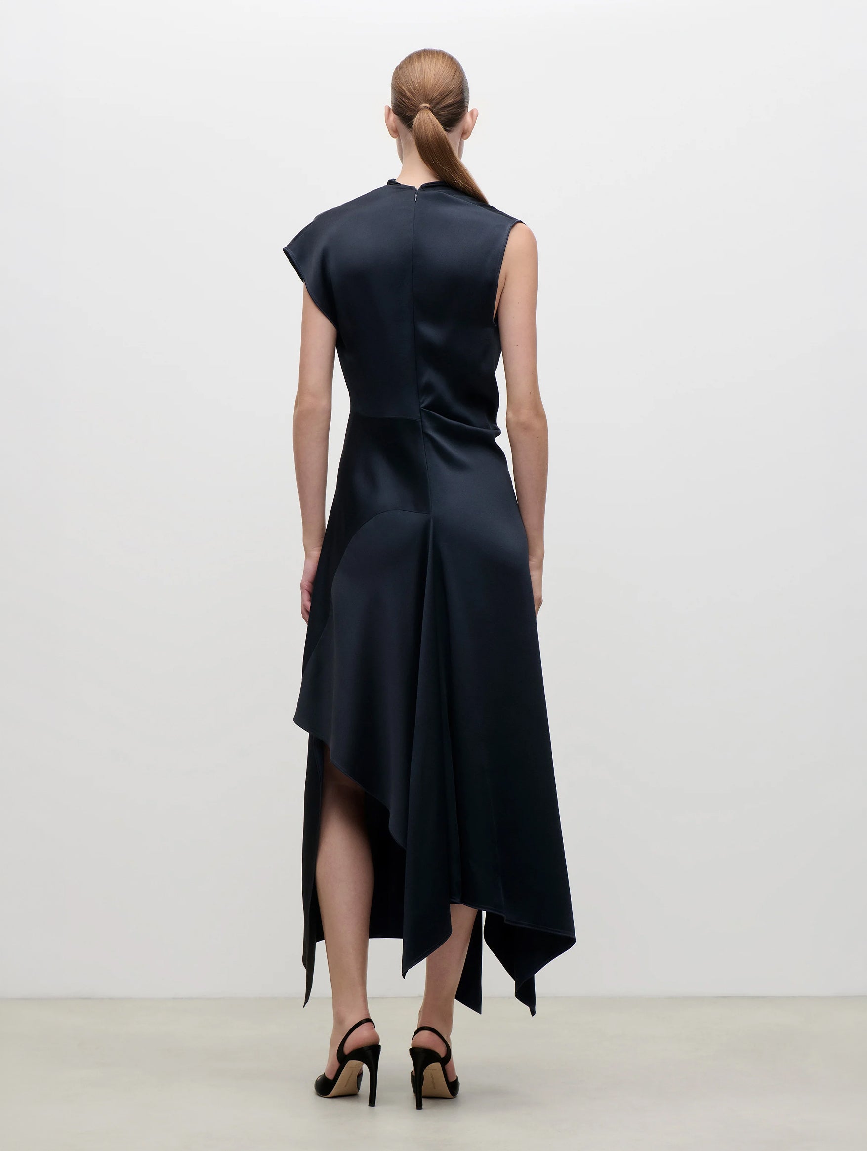 High Neck Draped Midi Dress in Midnight