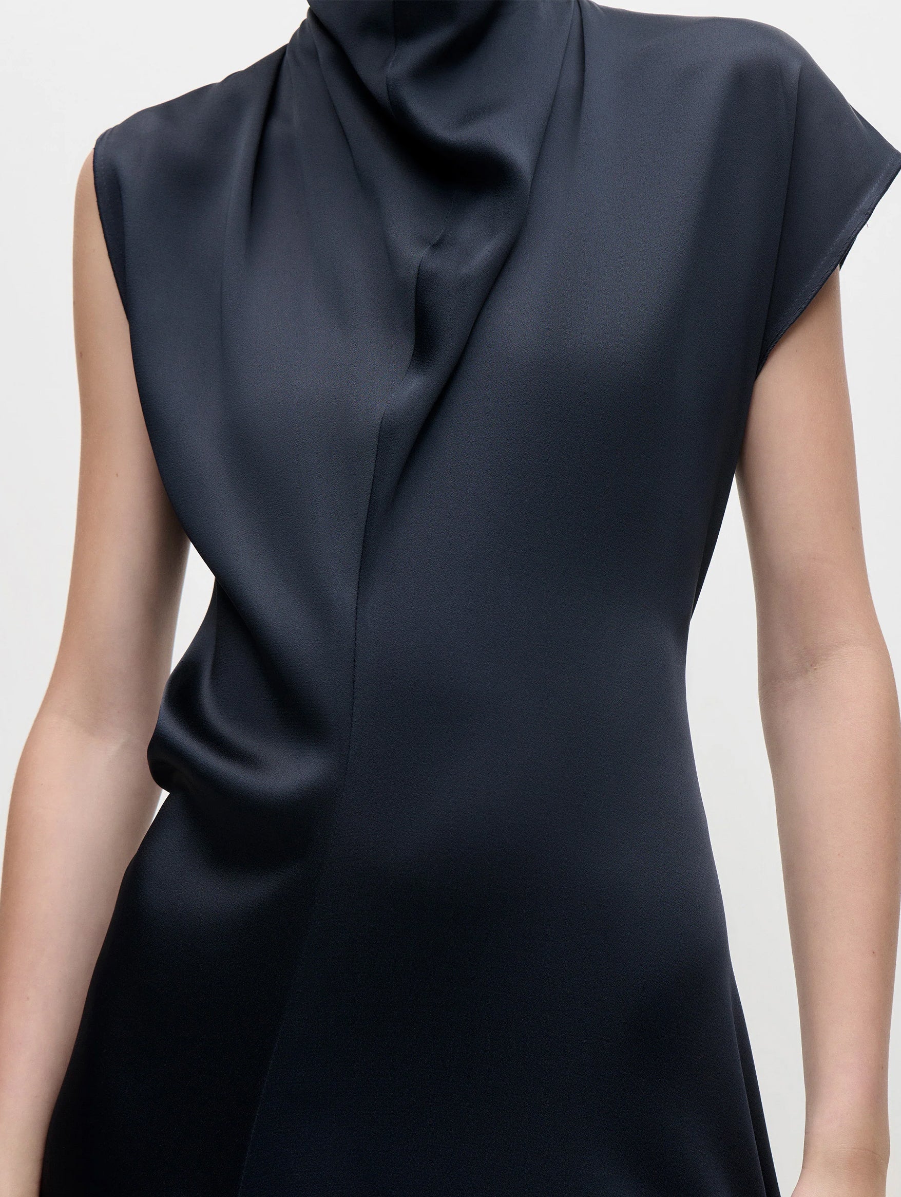 High Neck Draped Midi Dress in Midnight
