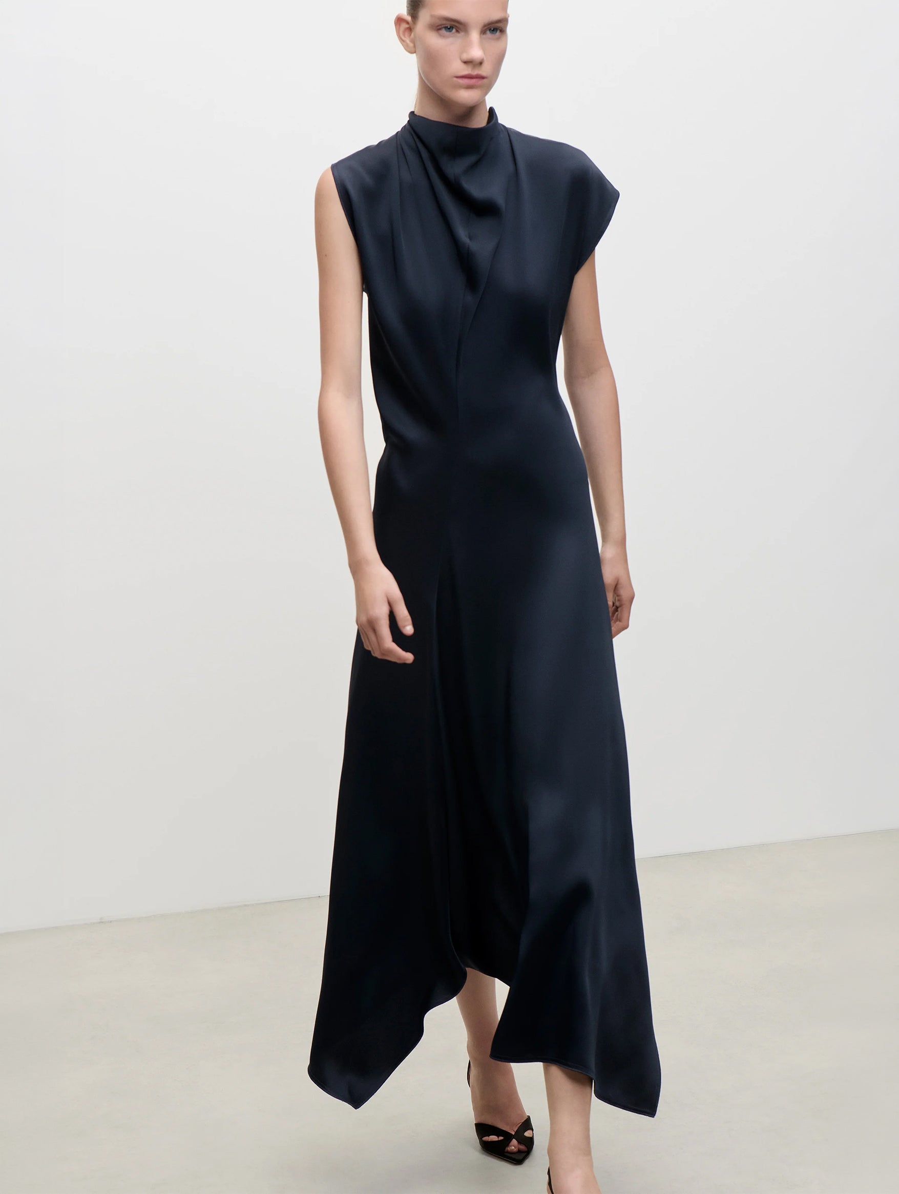 High Neck Draped Midi Dress in Midnight