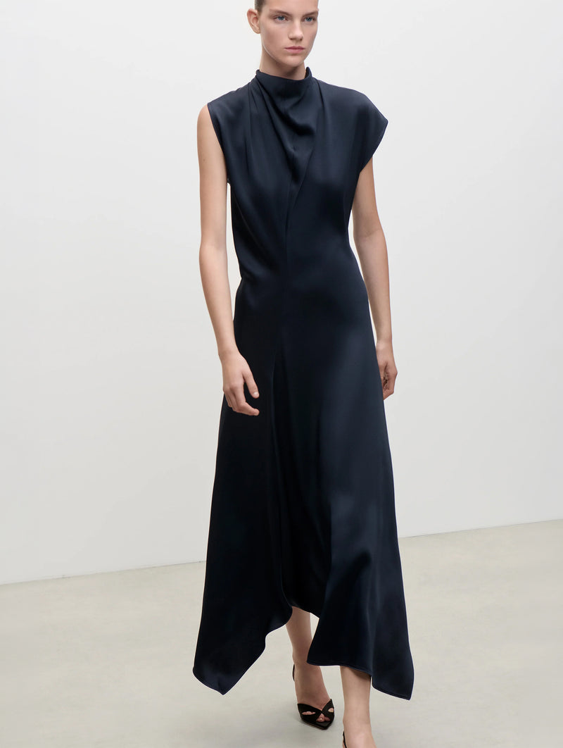 High Neck Draped Midi Dress in Midnight