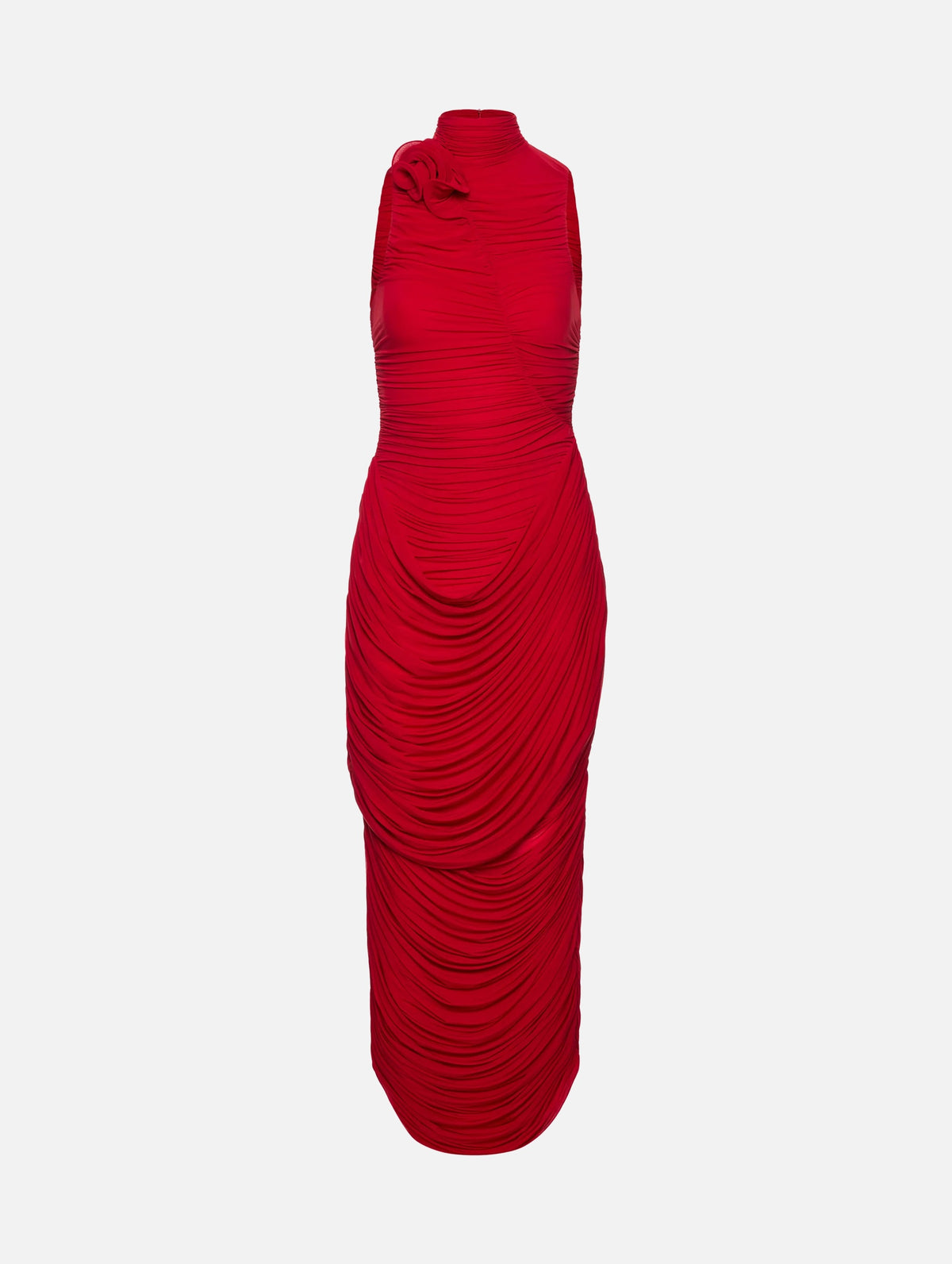 Floral-appliqué Draped Gown in Red