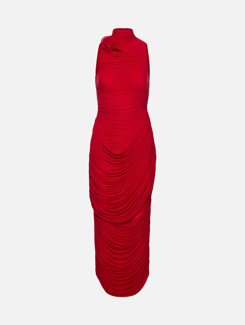 Floral-appliqué Draped Gown in Red