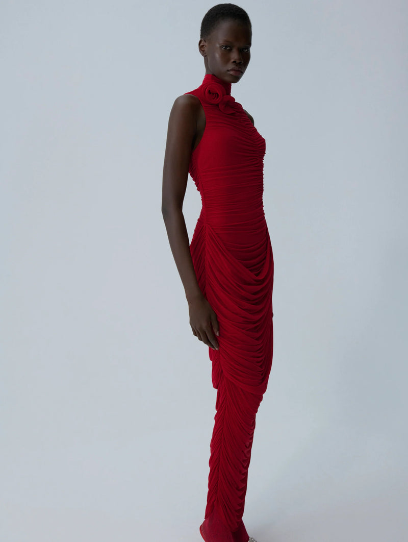 Floral-appliqué Draped Gown in Red