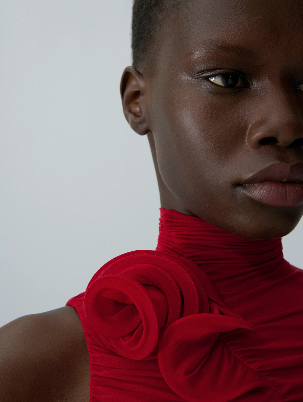 Floral-appliqué Draped Gown in Red