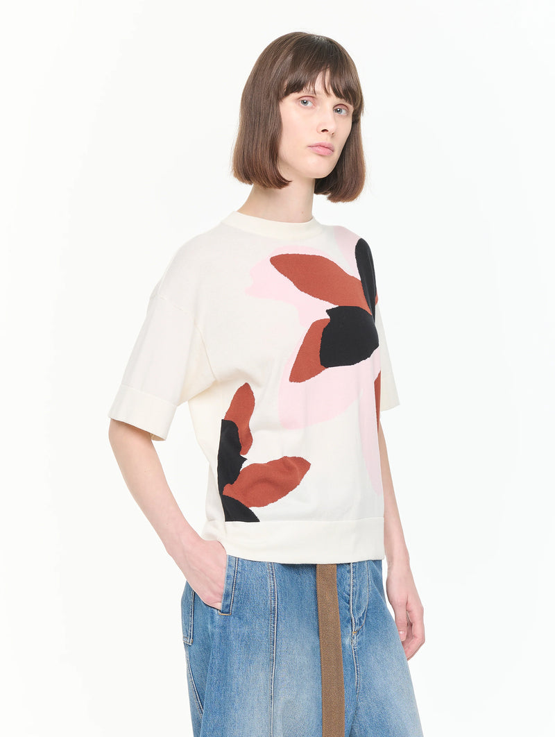 Intarsia Short Sleeve Knit in White Floral