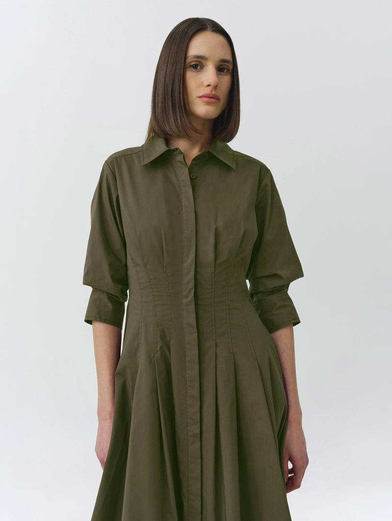 Jazz Pintuck Midi Dress in Faded Olive