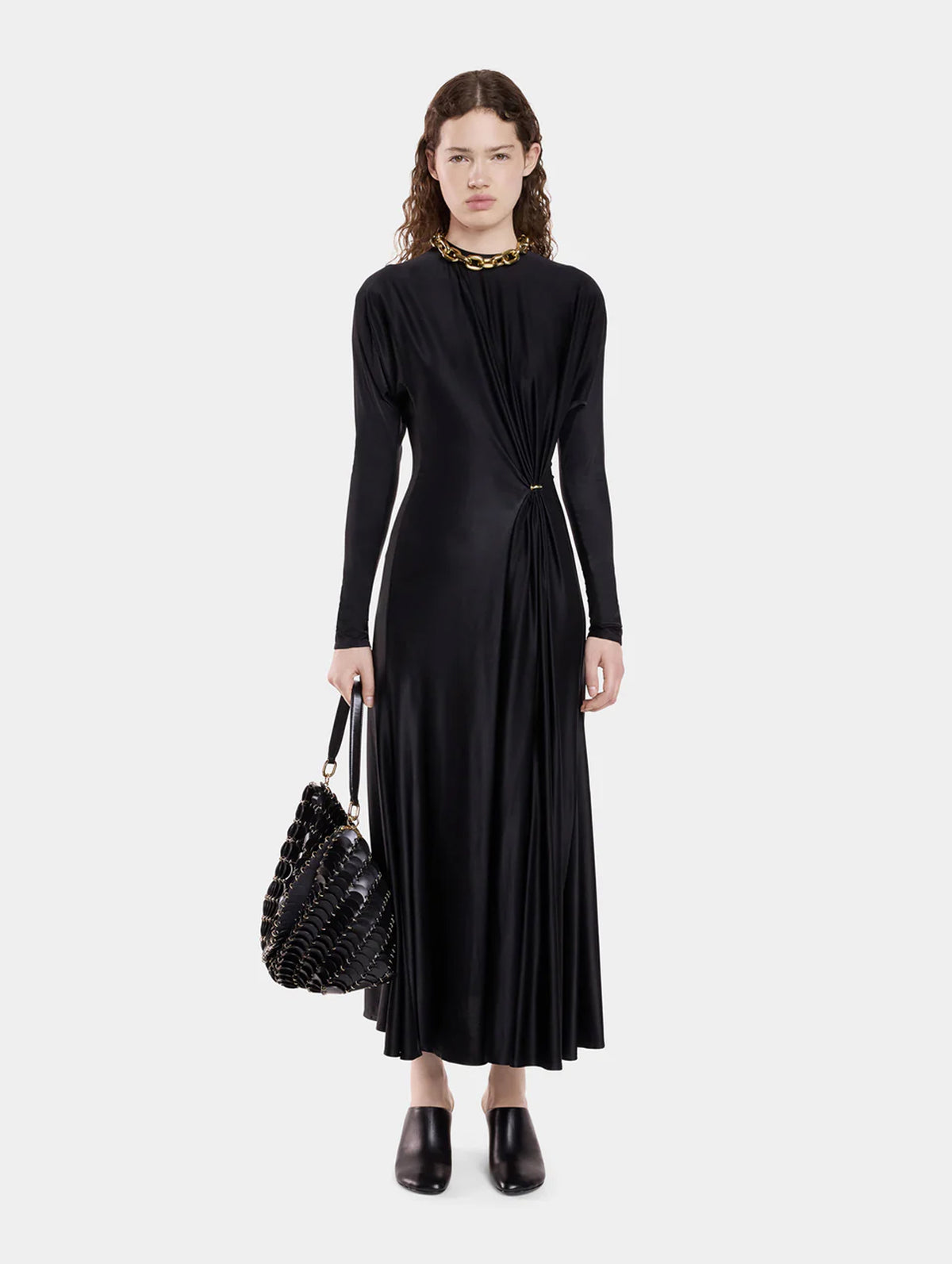 Long Sleeve Crewneck Gathered Dress in Black