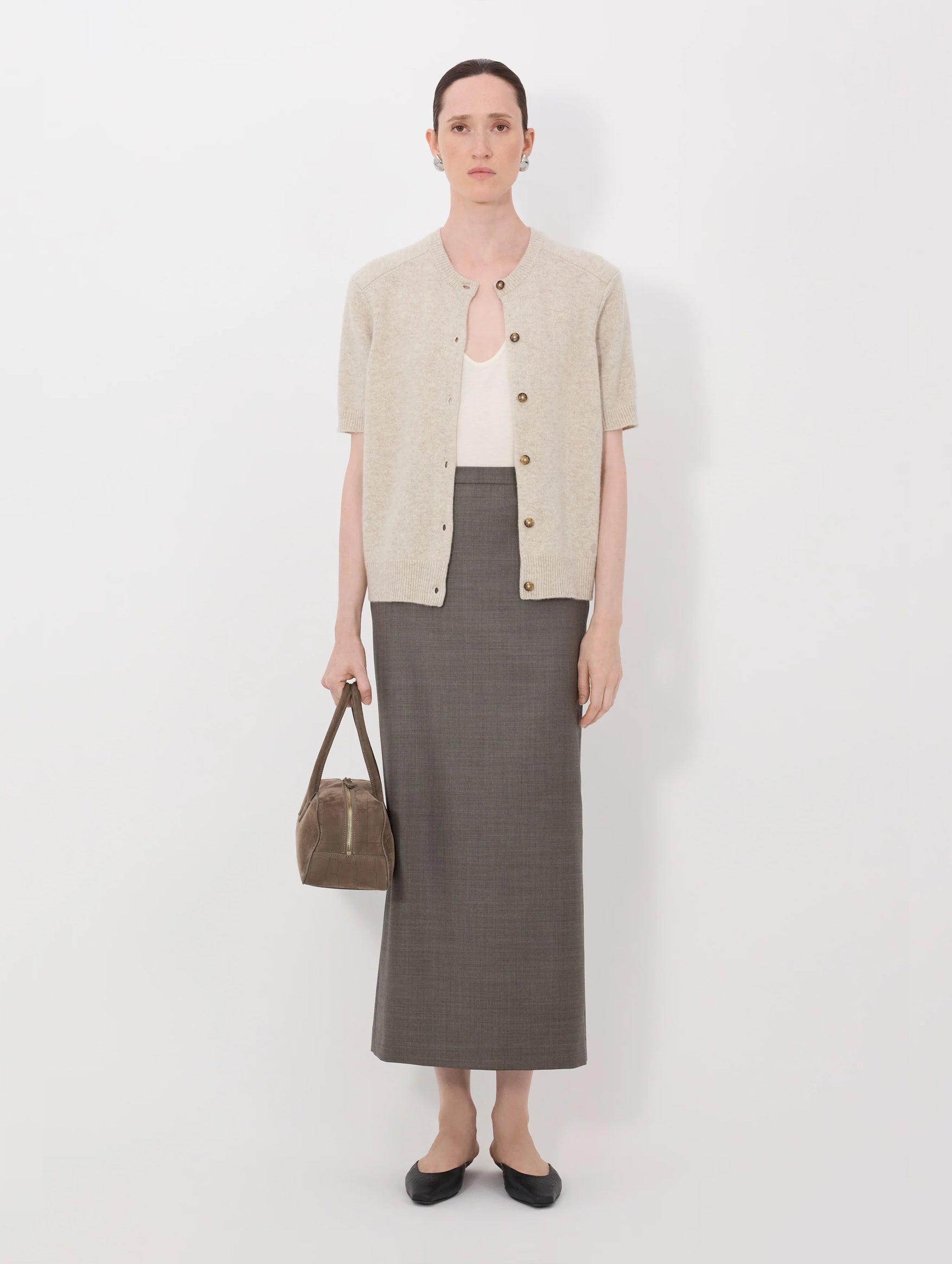 Jodi Cashmere Short Sleeve Cardigan in Beige Melange