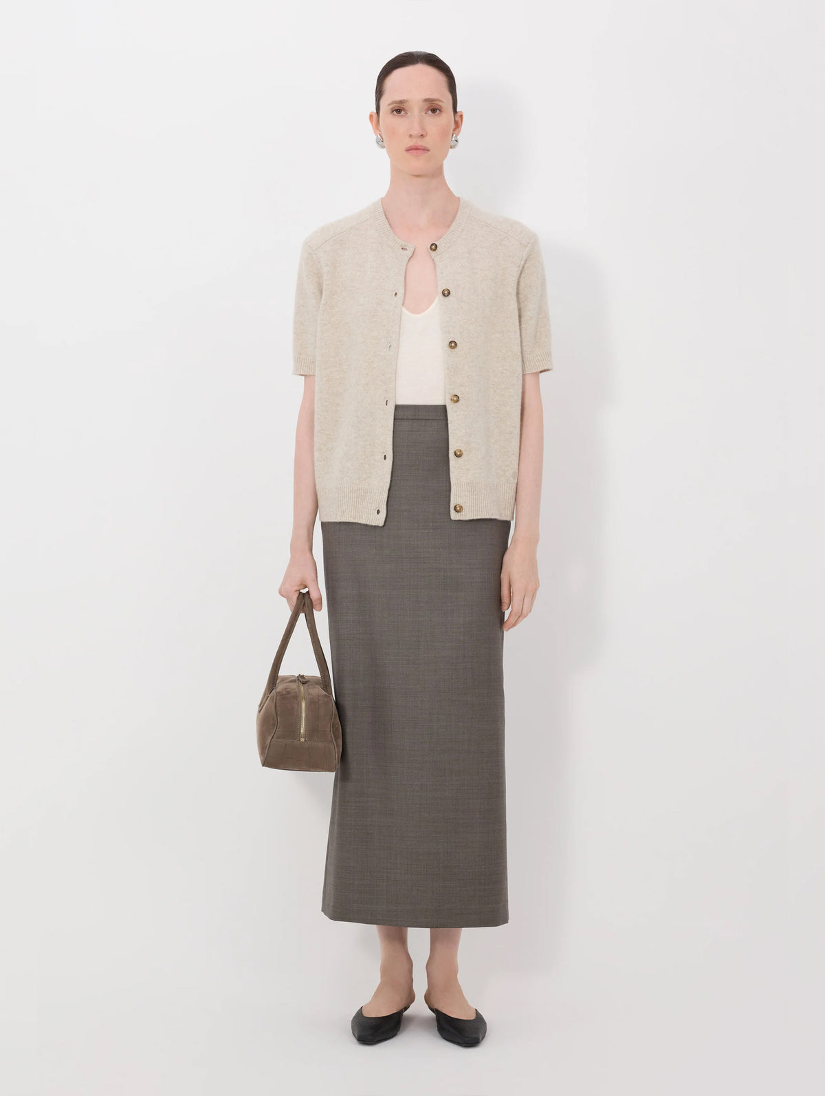 Jodi Cashmere Short Sleeve Cardigan in Beige Melange