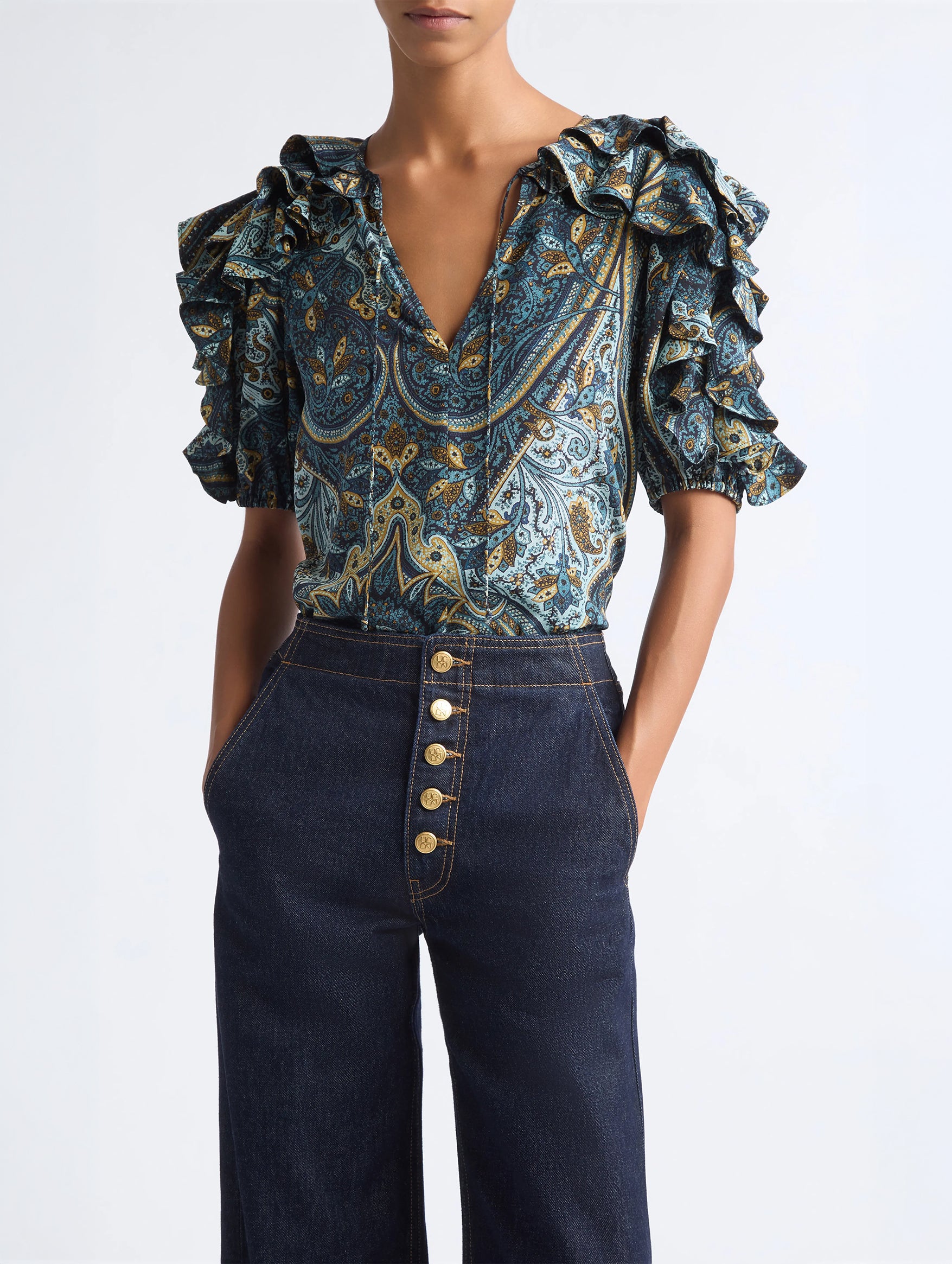 Josephine Short Sleeve Silk Top in Prussian