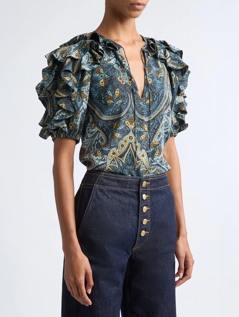 Josephine Short Sleeve Silk Top in Prussian