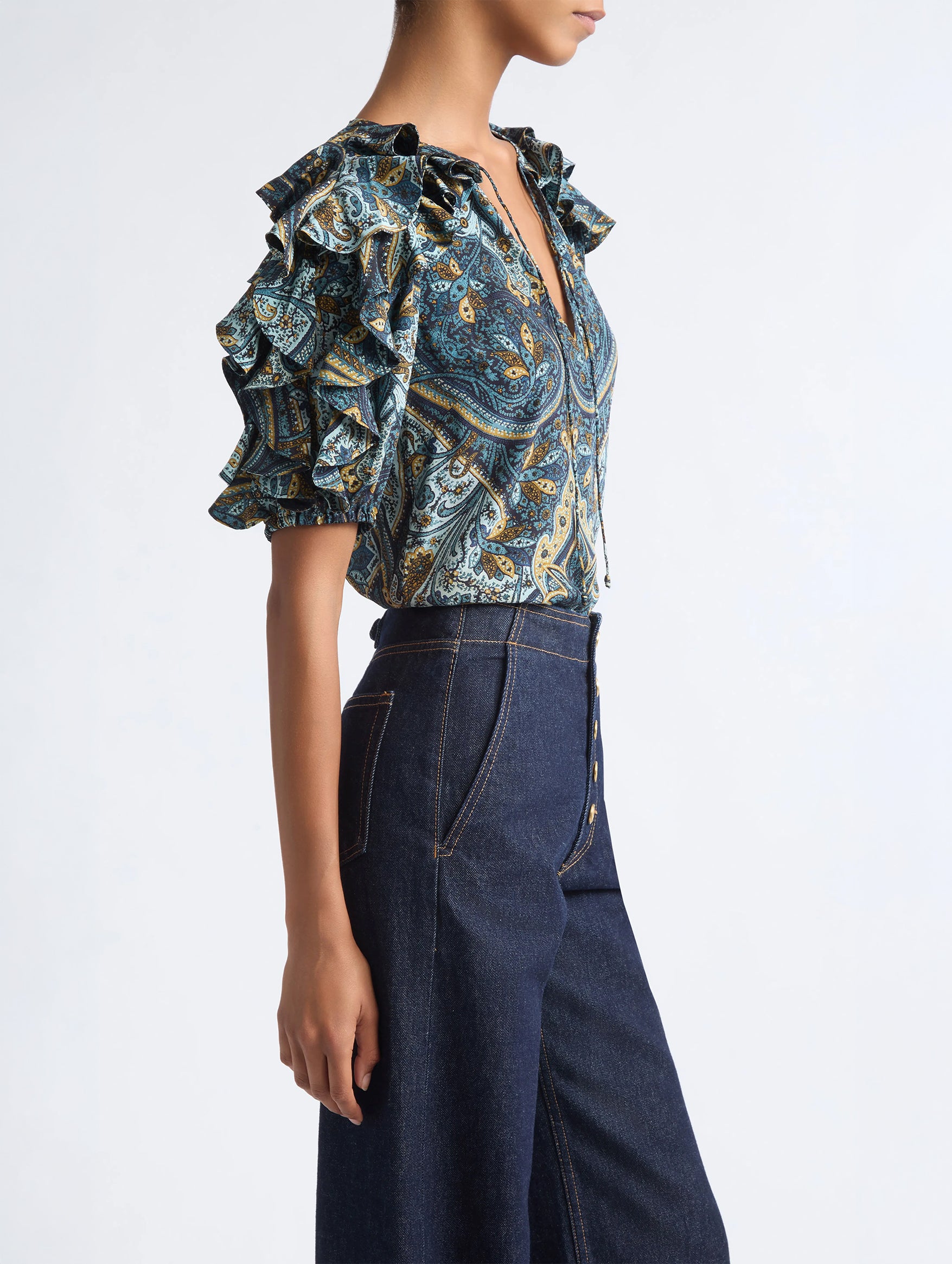 Josephine Short Sleeve Silk Top in Prussian