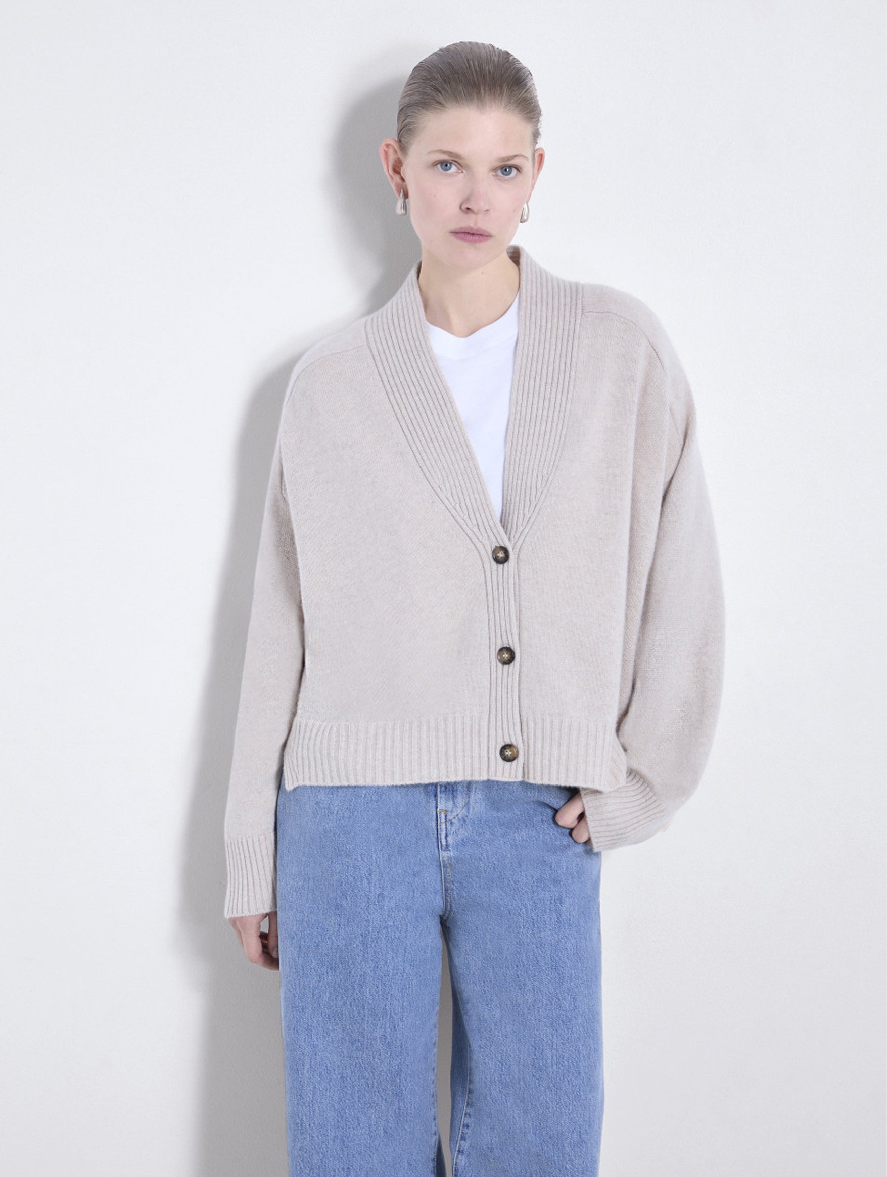 Kaia V Neck Cashmere Cardigan in Oat Melange