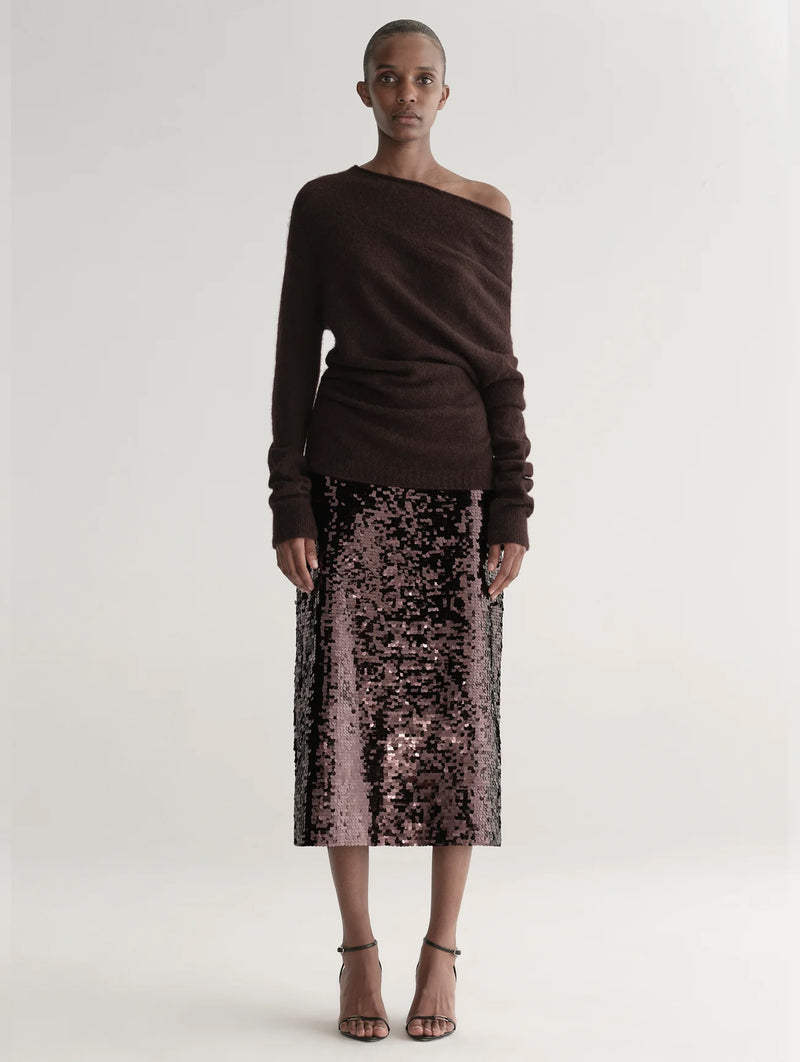 Kali Sequin Midi Skirt in Merlot