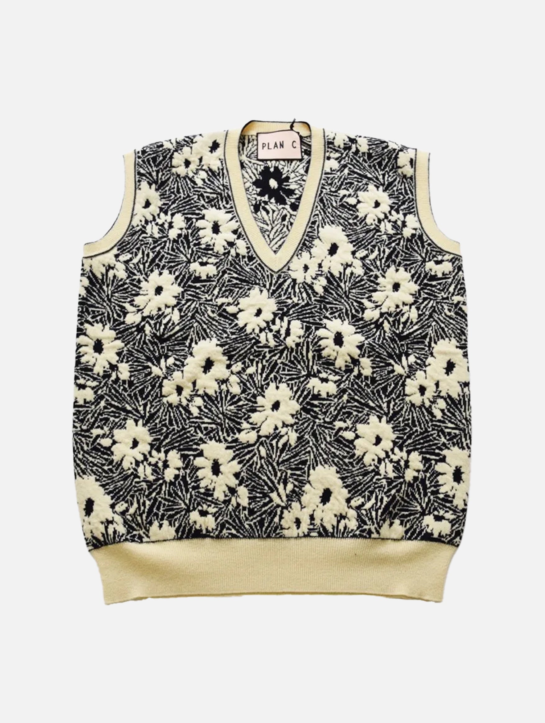 V Neck Floral Knit Vest in Yellow Jacquard