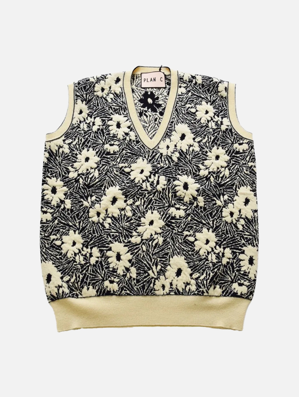 V Neck Floral Knit Vest in Yellow Jacquard