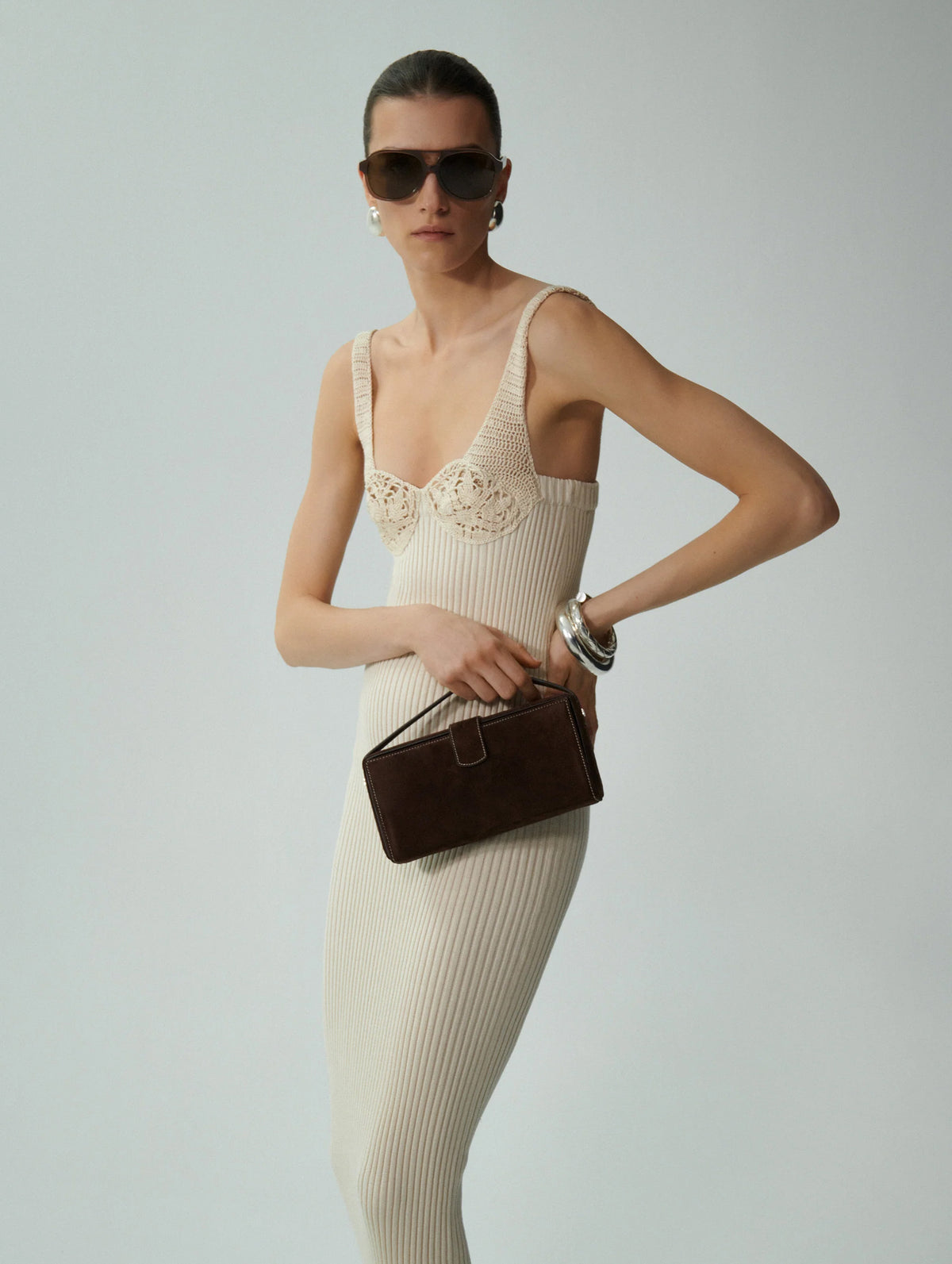 Crochet Bra Ribbed Knit Dress in Cream