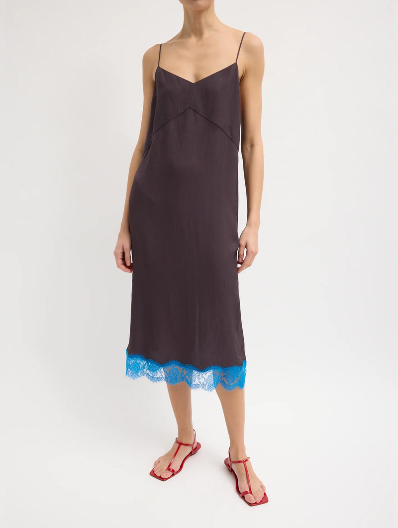 Lace Applique Slip Dress in Brown