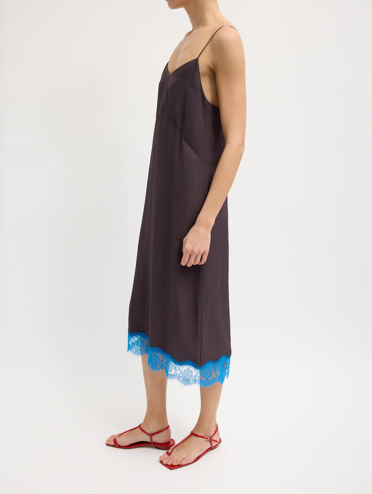 Lace Applique Slip Dress in Brown