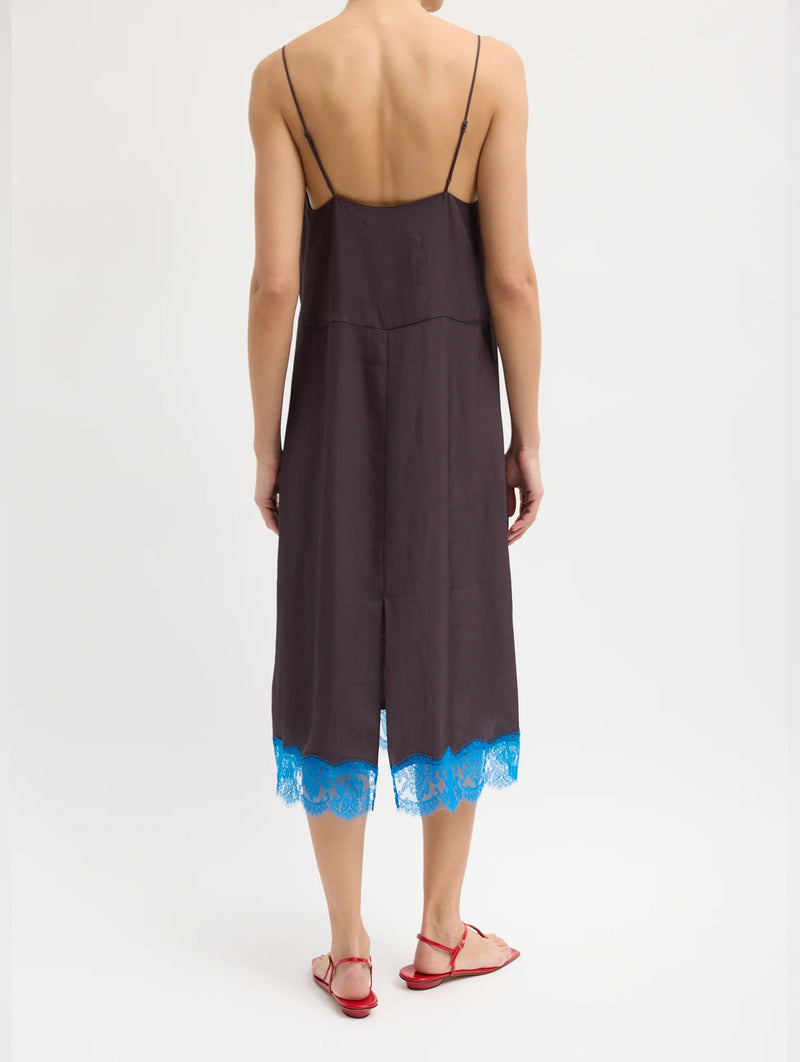 Lace Applique Slip Dress in Brown