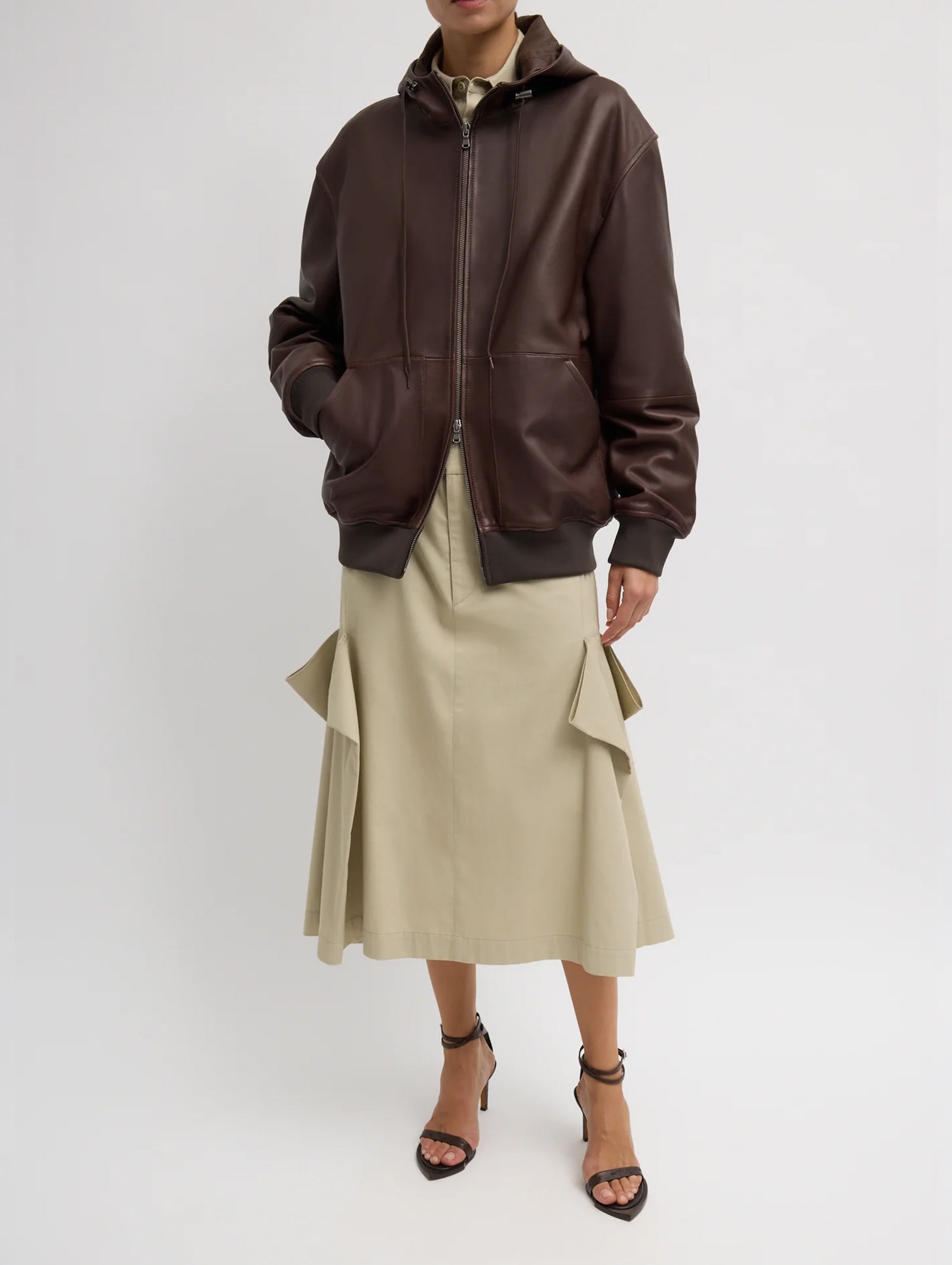 Leather Zip Up Hoodie Jacket in Brown