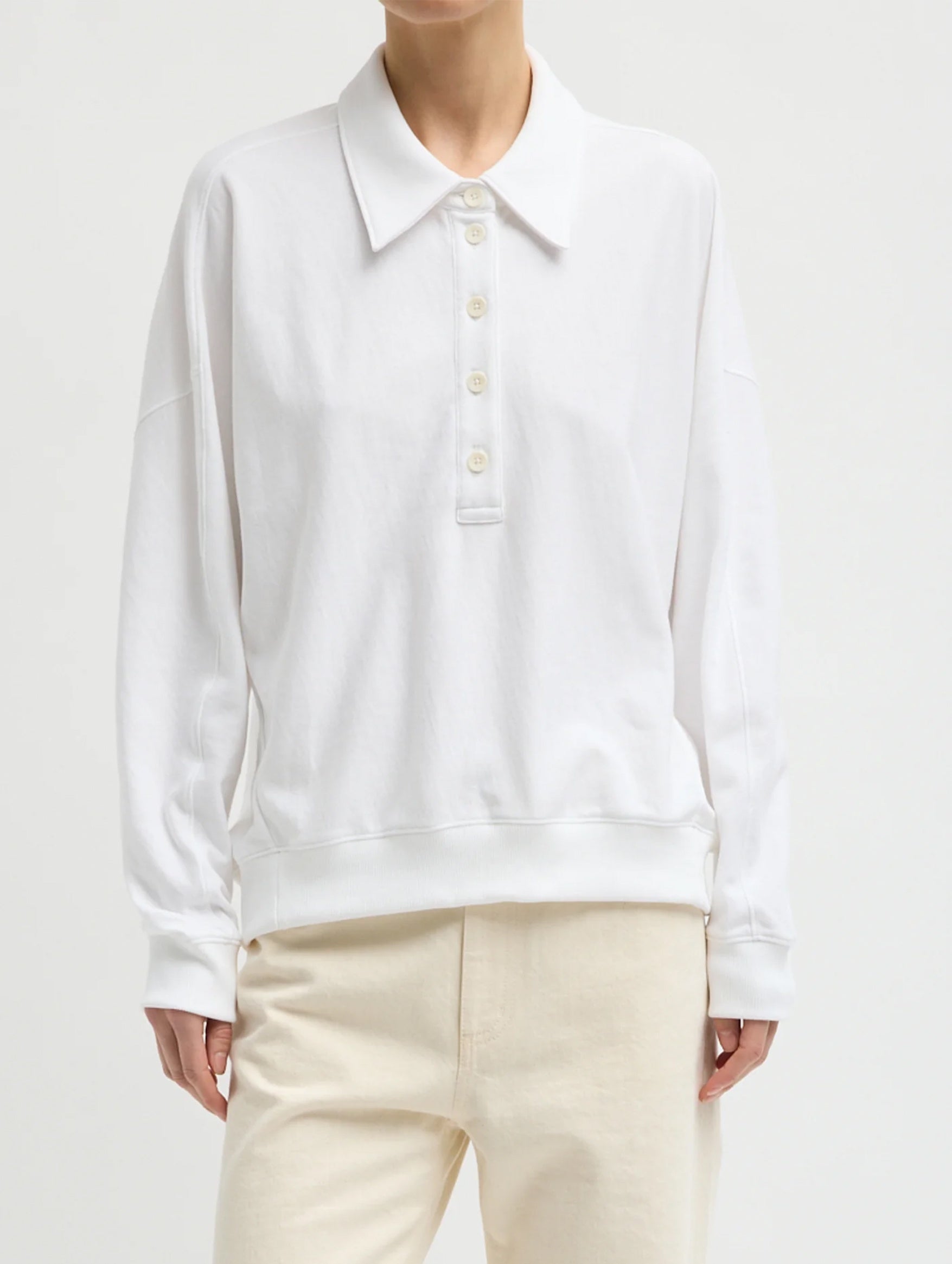 Light Weight Sweatshirting Polo Collar Sweatshirt in White