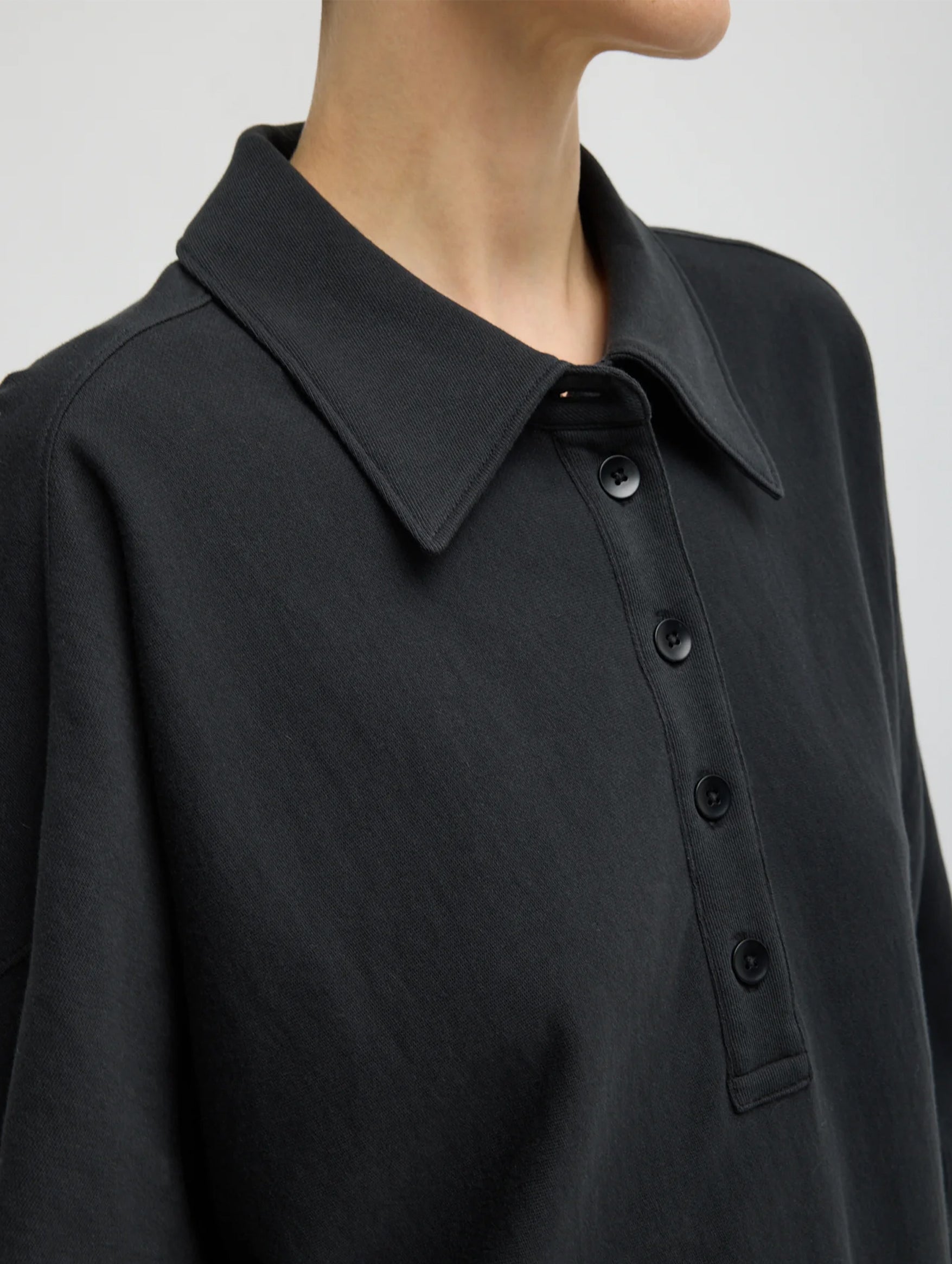 Light Weight Sweatshirting Polo Collar Sweatshirt in Black