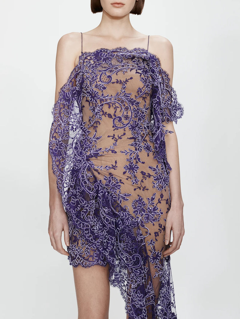 Iris Floating Lace Suspend Mini Dress in Dark Viola