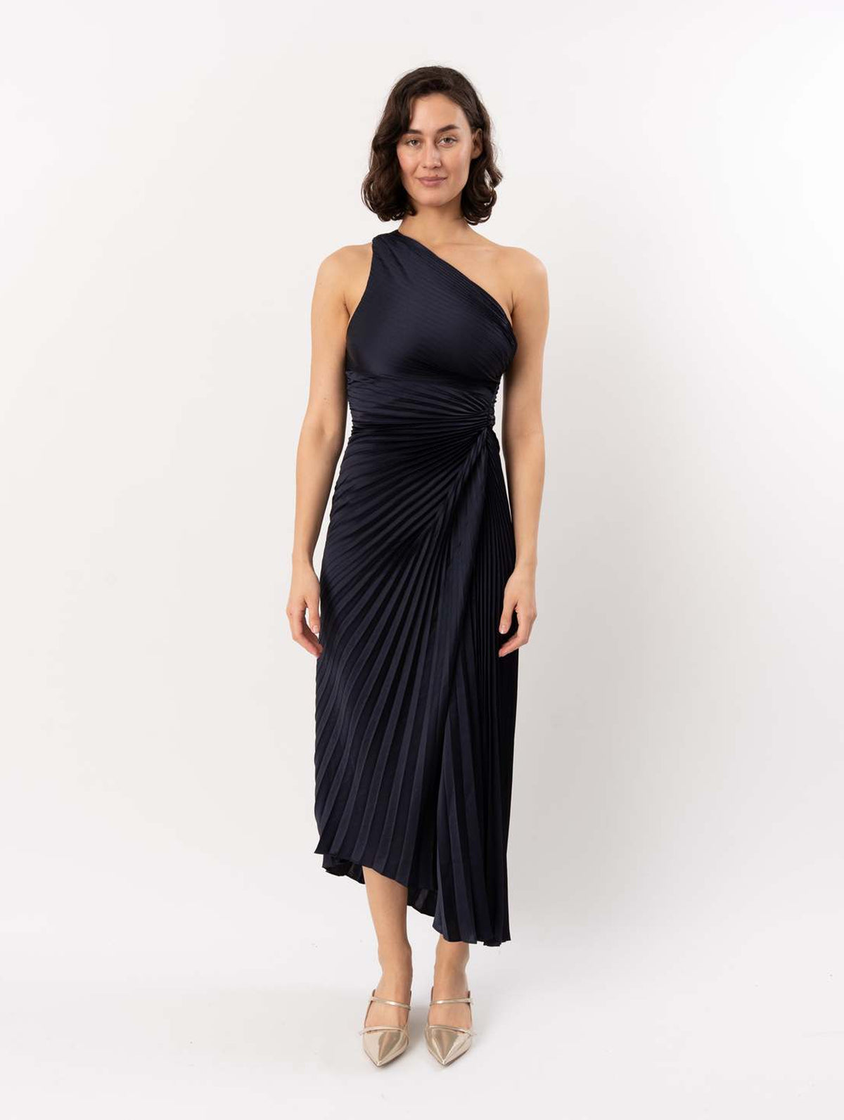 Lara Pleated Midi Dress in Night Blue