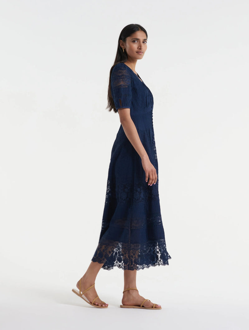 Lea Long Lace Dress in Navy
