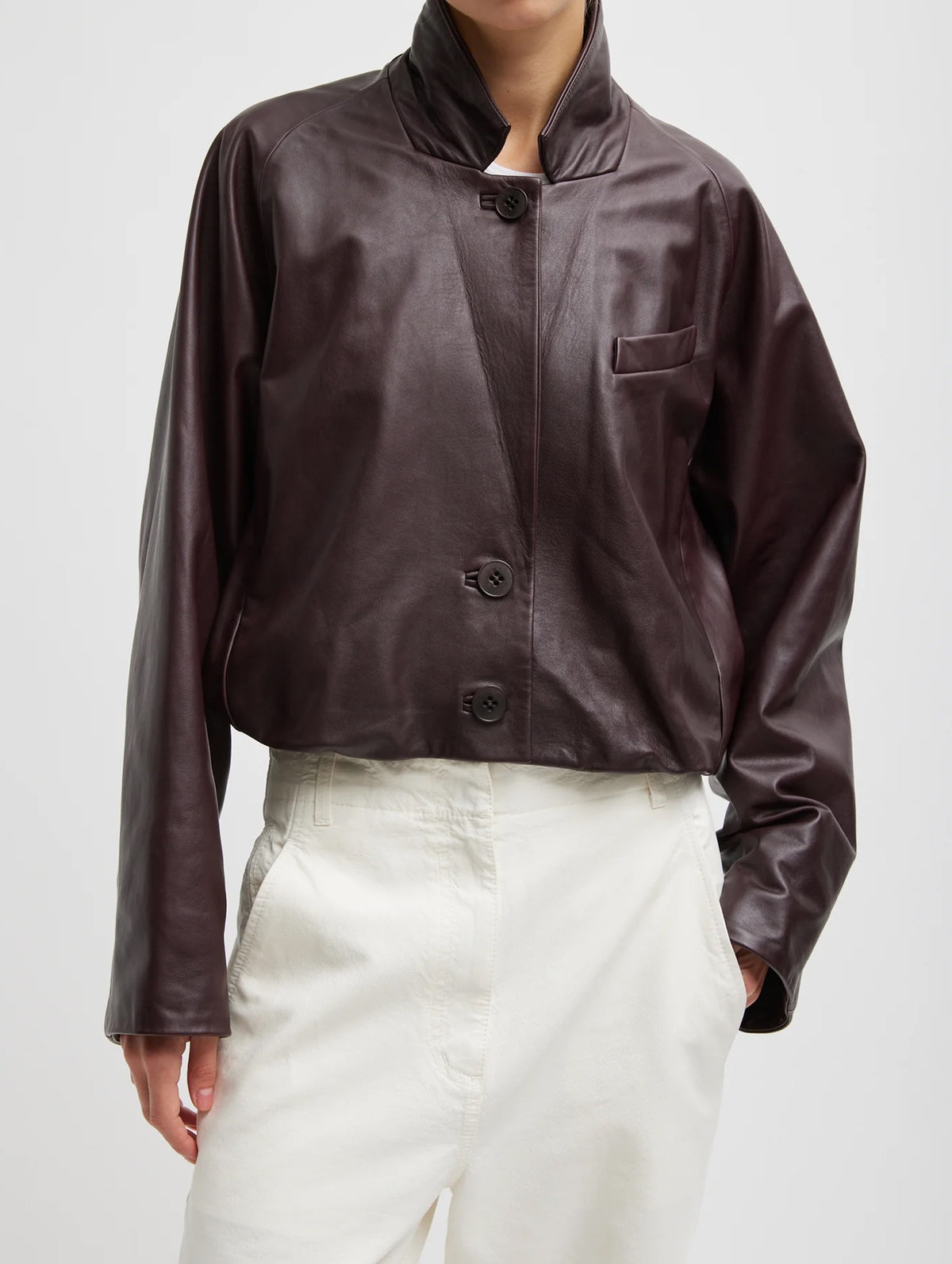 Leather Raglan Sleeve Blazer in Brown