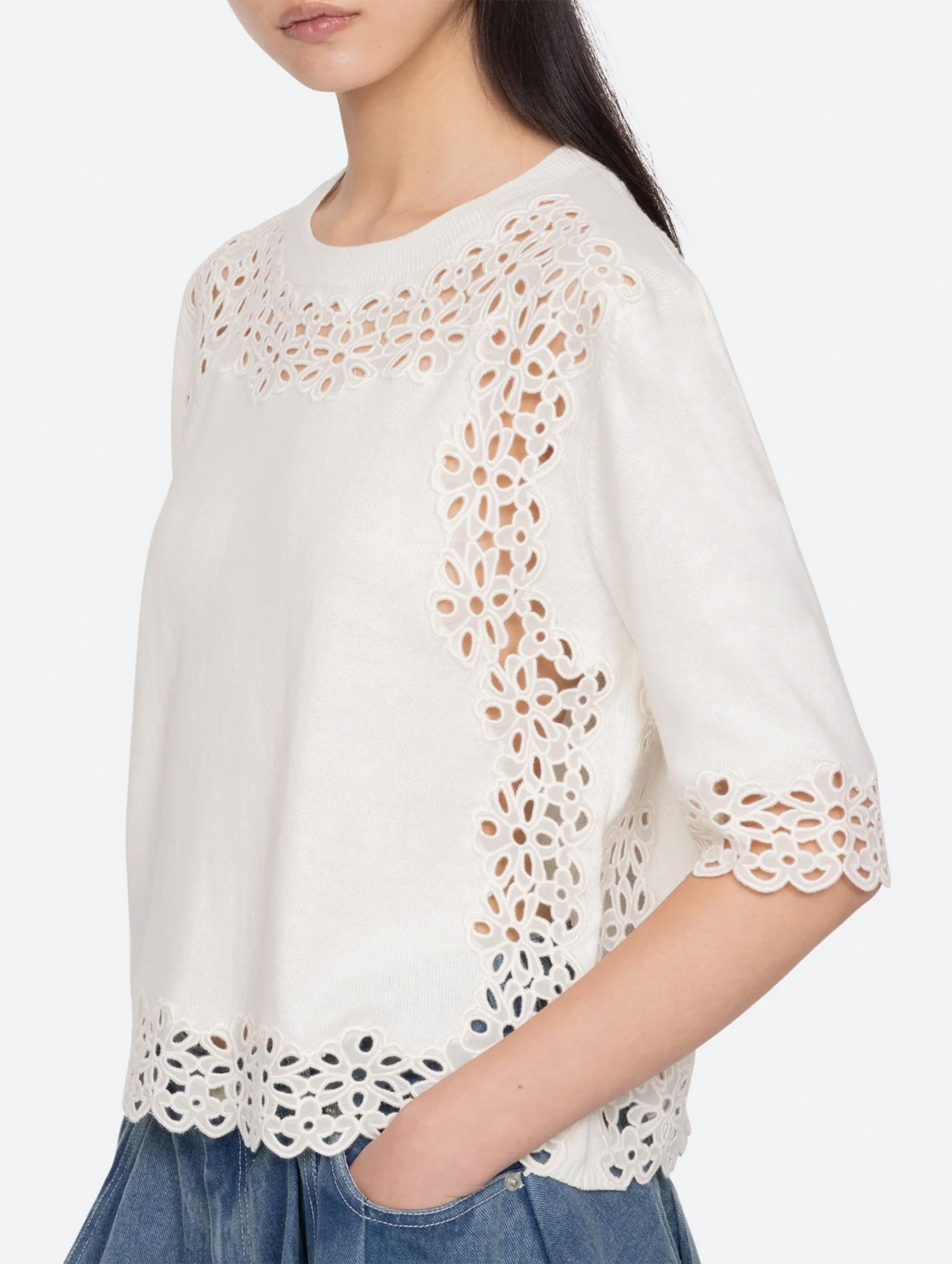Leila Cotton Eyelet Sweater in Cream
