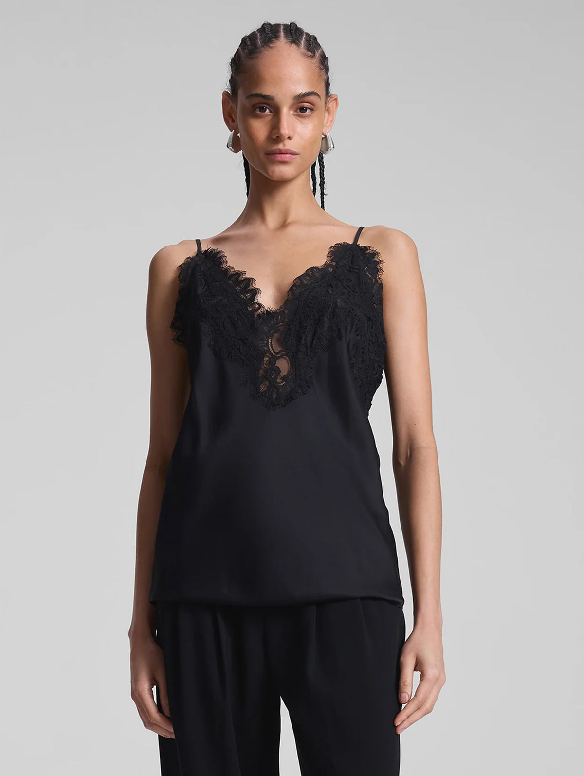 Lennon Satin and Lace Camisole Top in Black