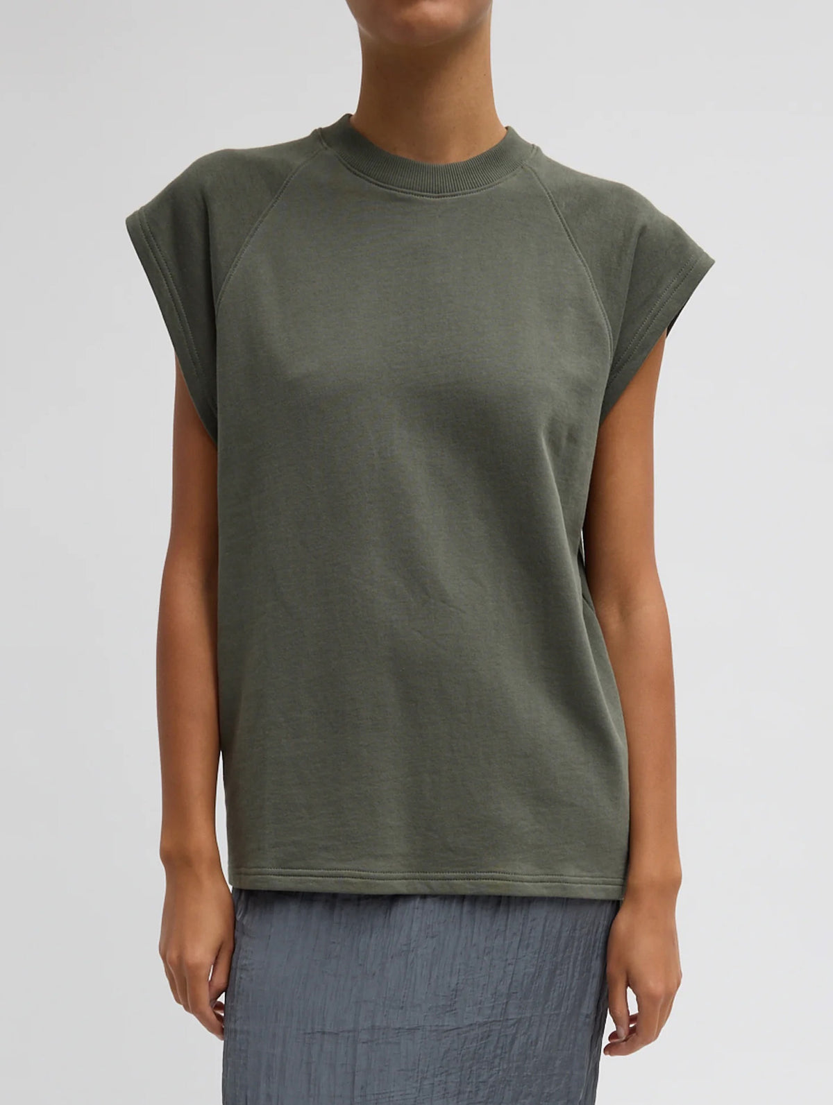 Light Weight Sweatshirting Sleeveless Easy Top in Olive